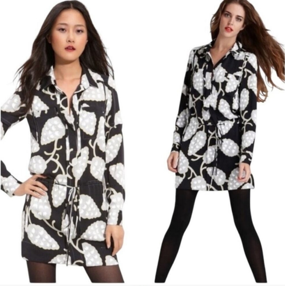 Diane Von Furstenberg Black and White Leaf Print Shirt Dress_4